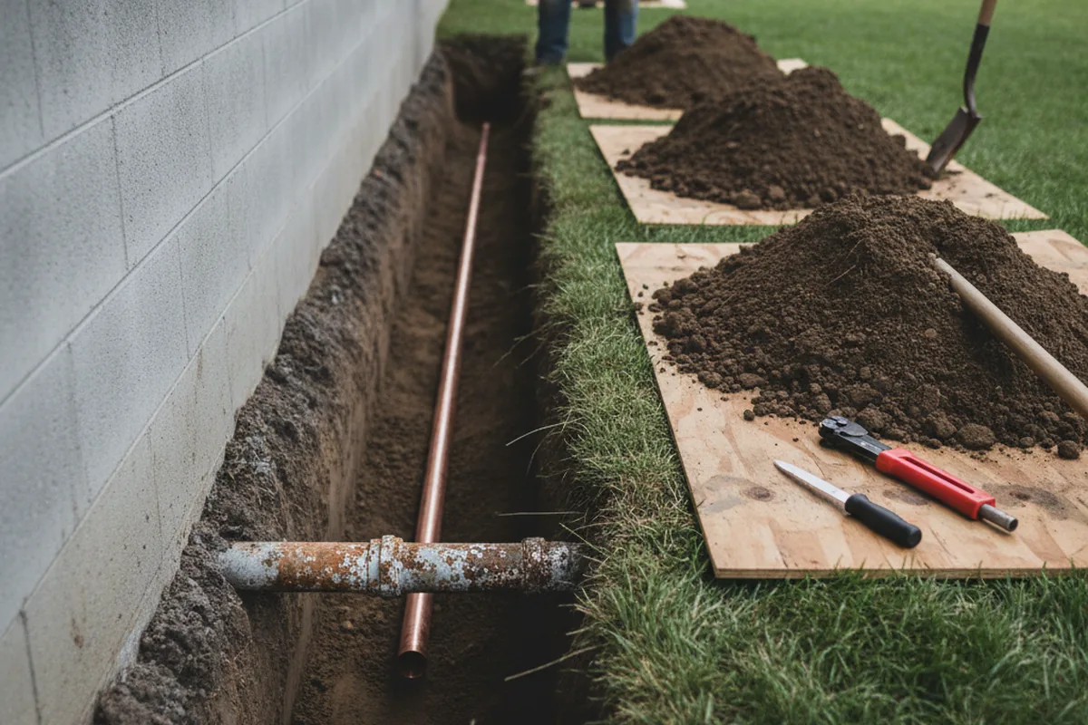 Excavated water line trench during Sewer Line Repair in Valley Grove